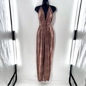PrettyLittleThing Stone Print Patterned Wide Leg Halter Neck Jumpsuit-Size 8
